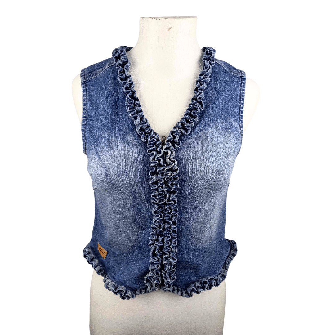Sleeveless denim zipped-up jacket with ruffle detail - S