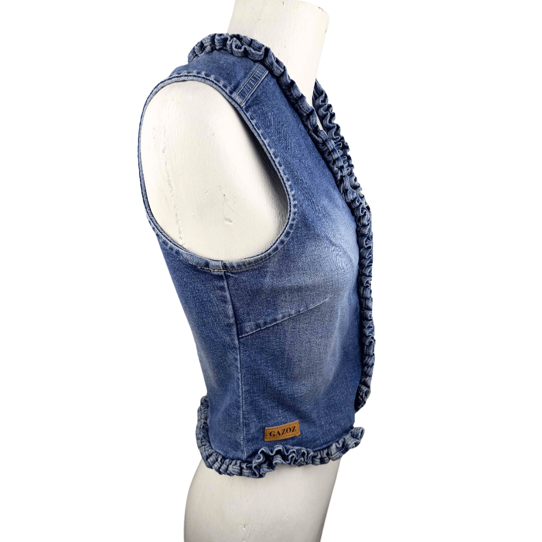Sleeveless denim zipped-up jacket with ruffle detail - S