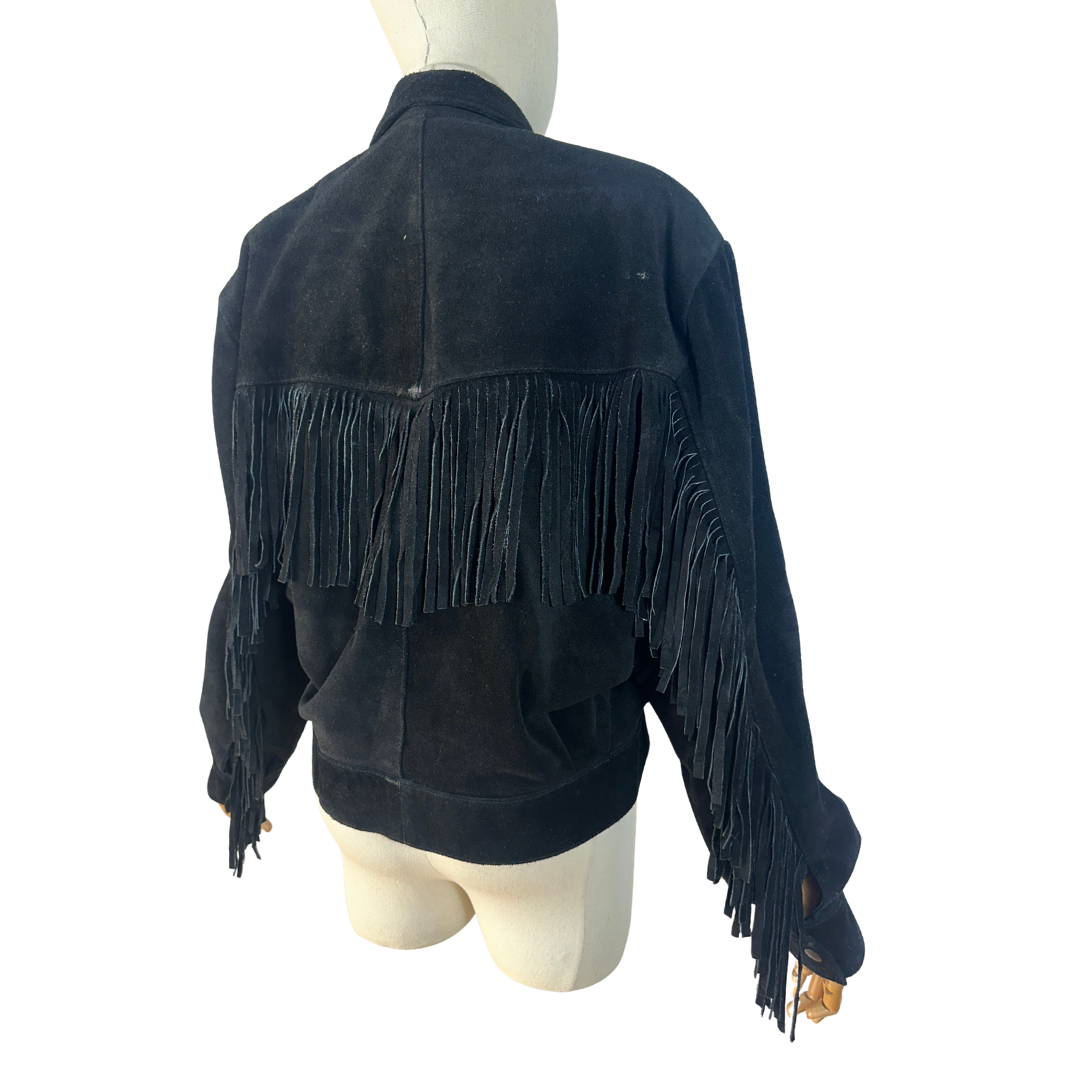 Black vintage suede leather jacket with fringe - S