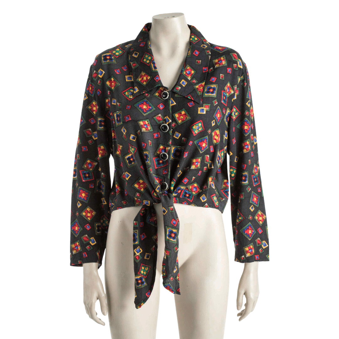 Printed longsleeve front-tie cropped shirt -