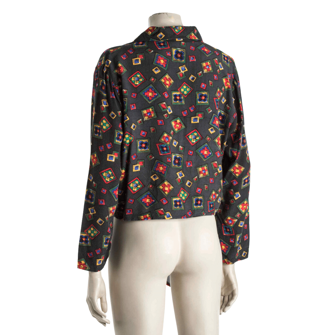Printed longsleeve front-tie cropped shirt -