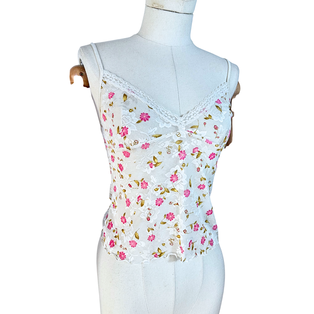 White 90s floral spaghetti strap top - S
