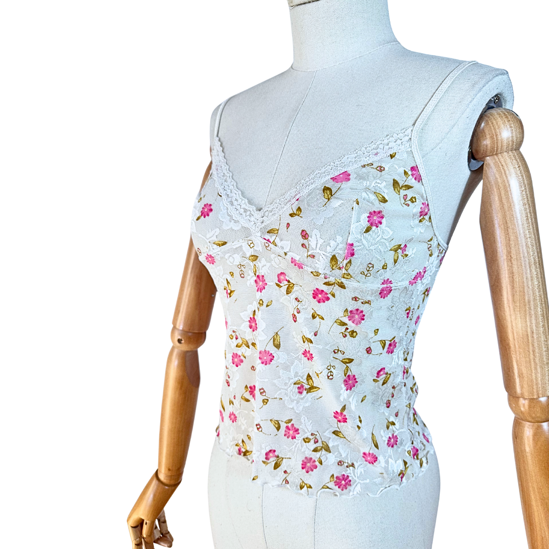 White 90s floral spaghetti strap top - S