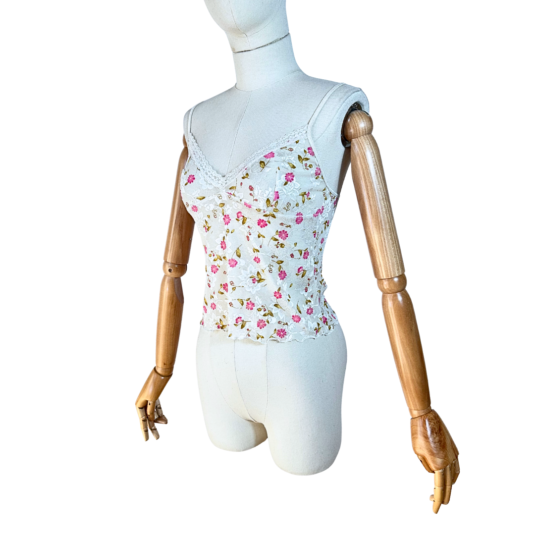 White 90s floral spaghetti strap top - S
