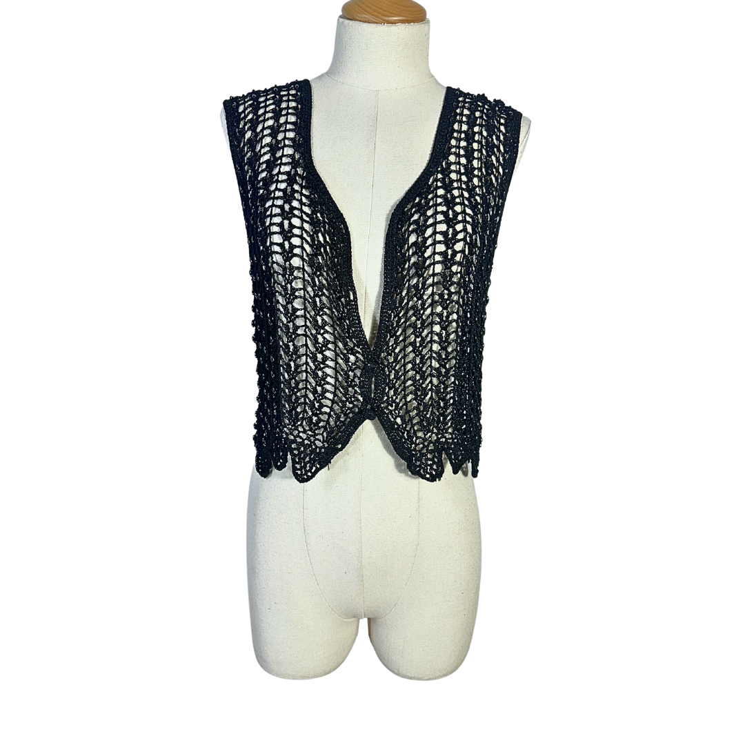 Black beaded crochet vest - M