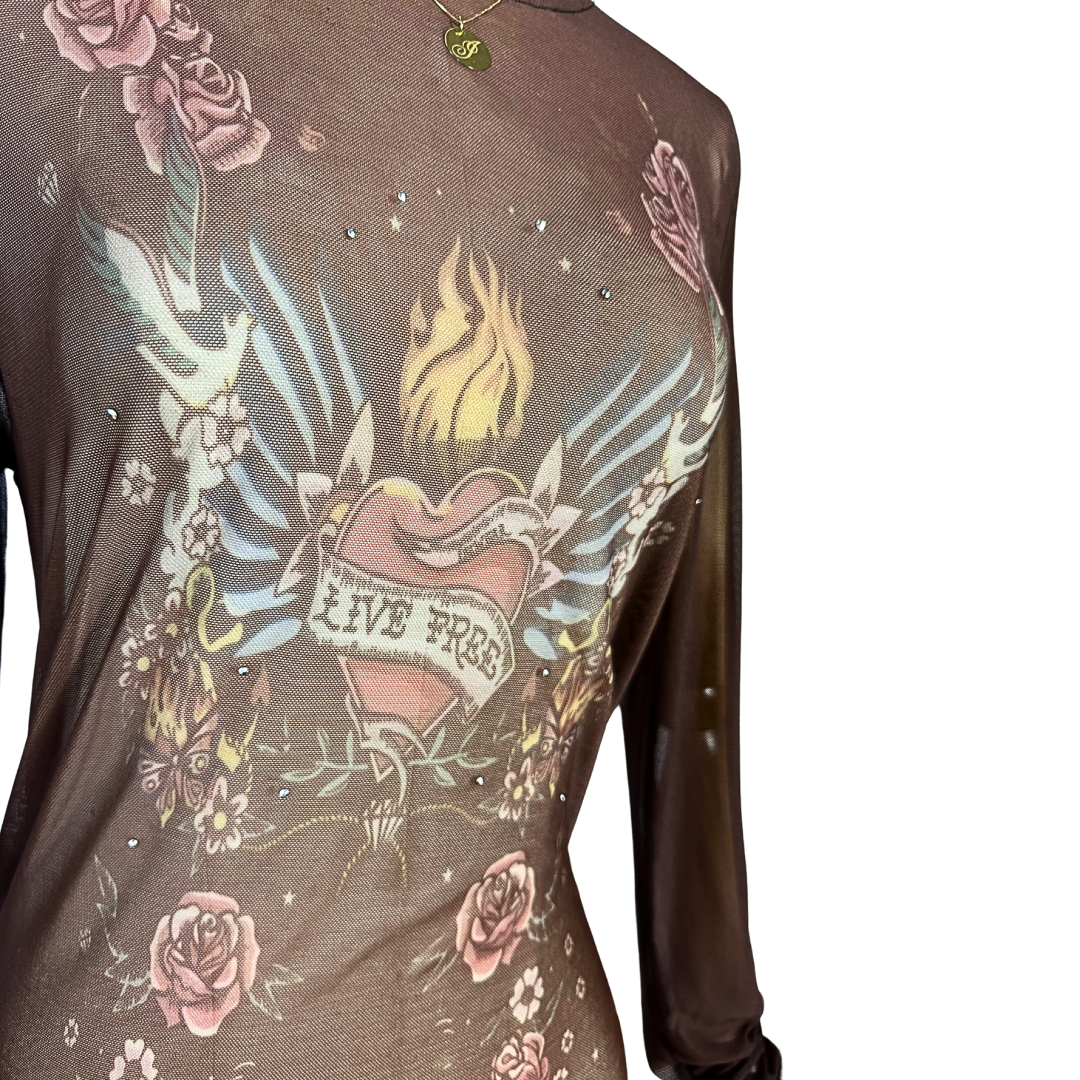 Brown printed mesh top - M