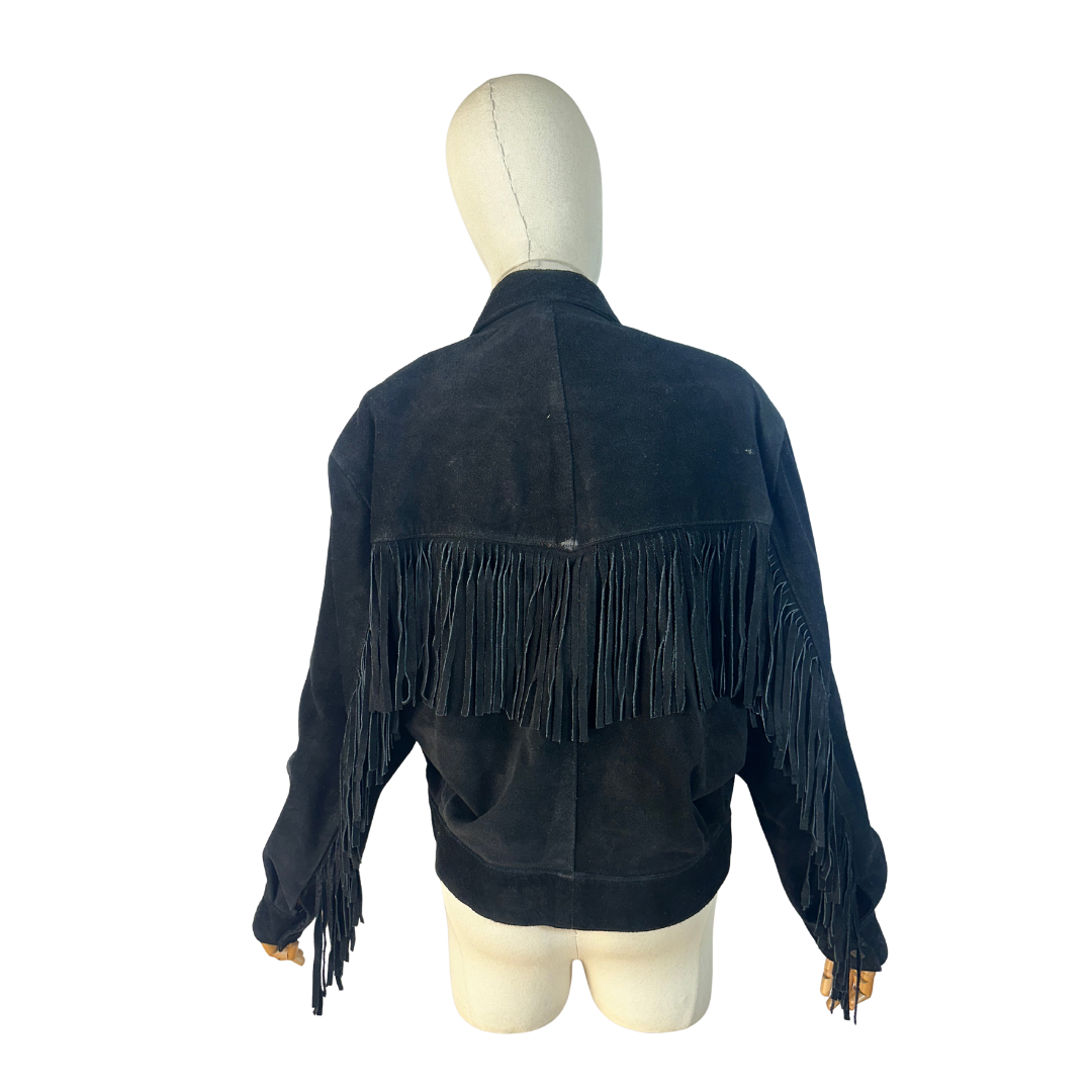Black vintage suede leather jacket with fringe - S