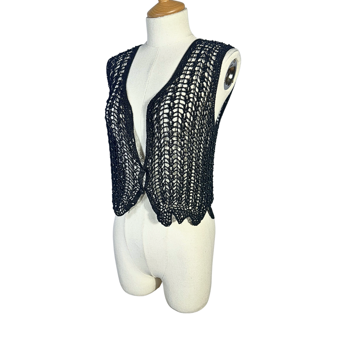 Black beaded crochet vest - M