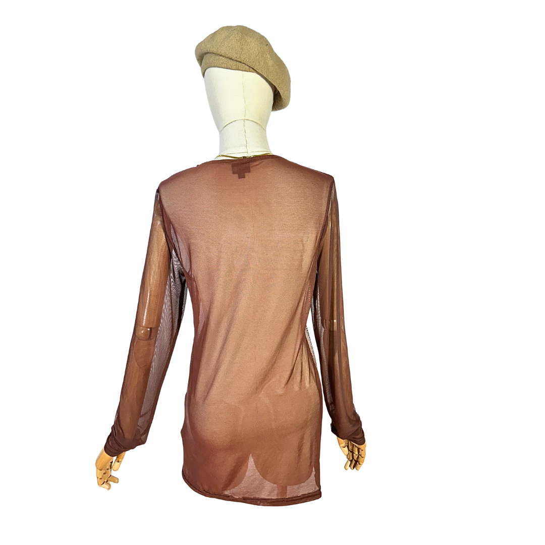Brown printed mesh top - M