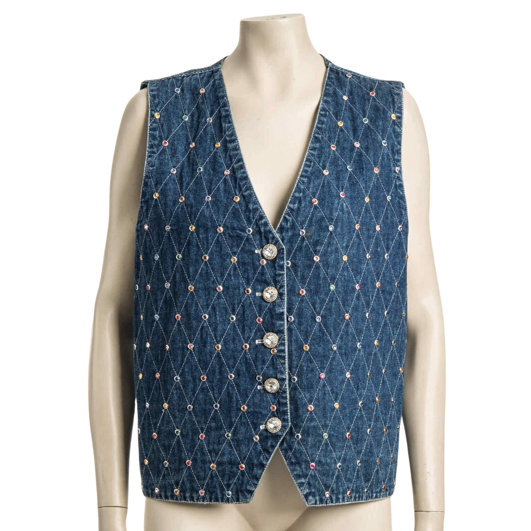 Denim rhinestone sleeveless jacket - L