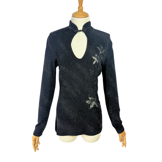 Black 90s sparkly Mandarin collar top - L