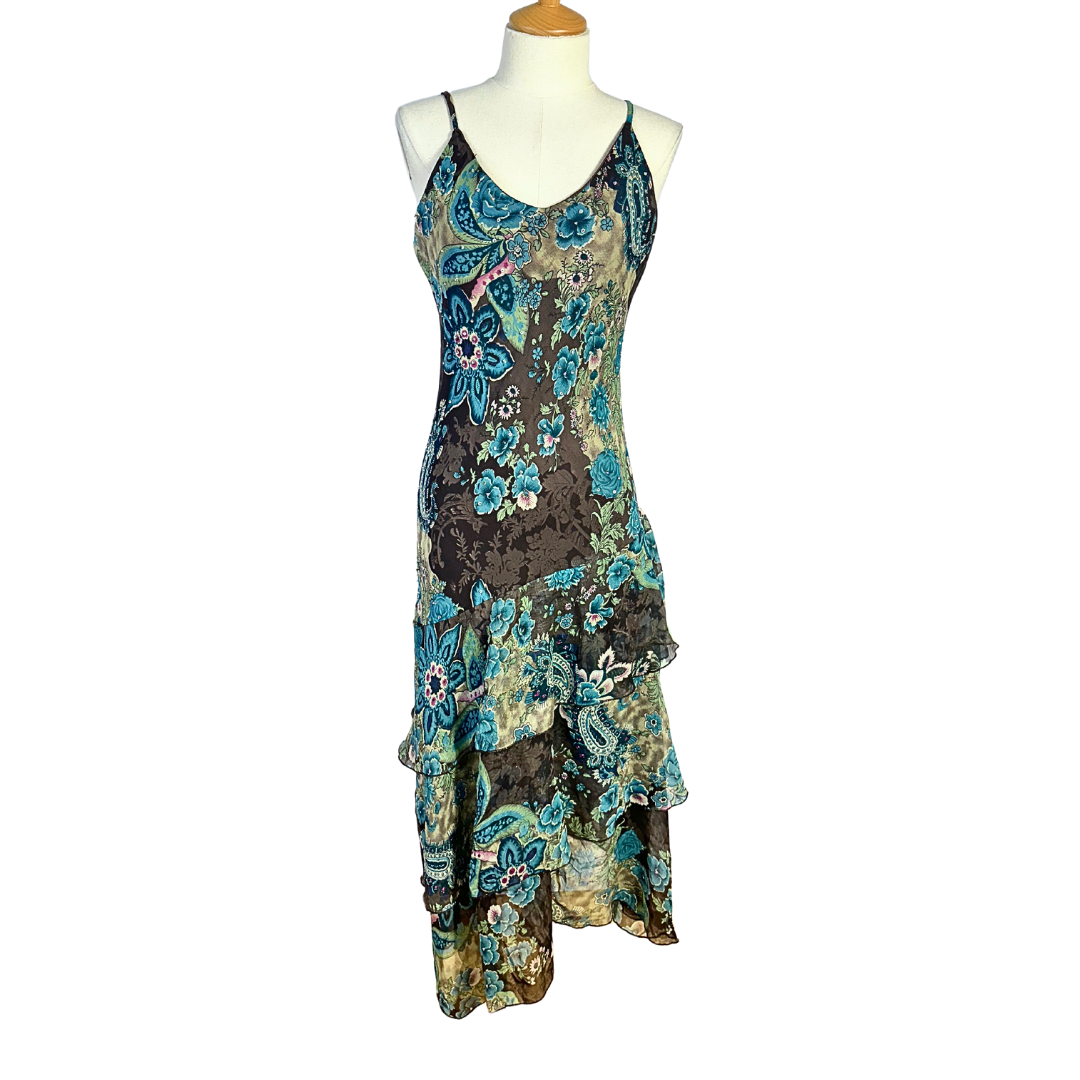 Y2K floral spaghetti strap asymmetrical dress - M