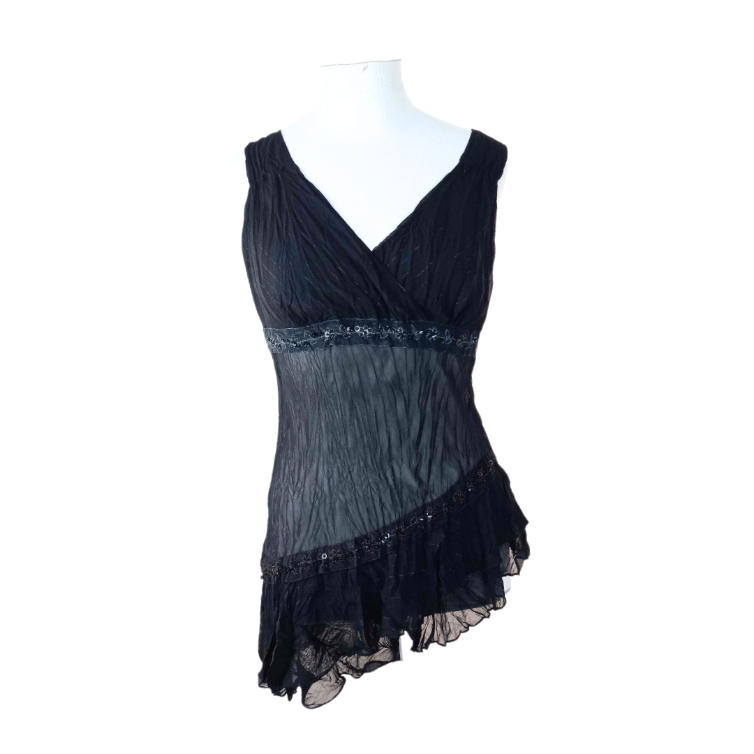 V-neck tunic with asymmetrical ruffled hem - S