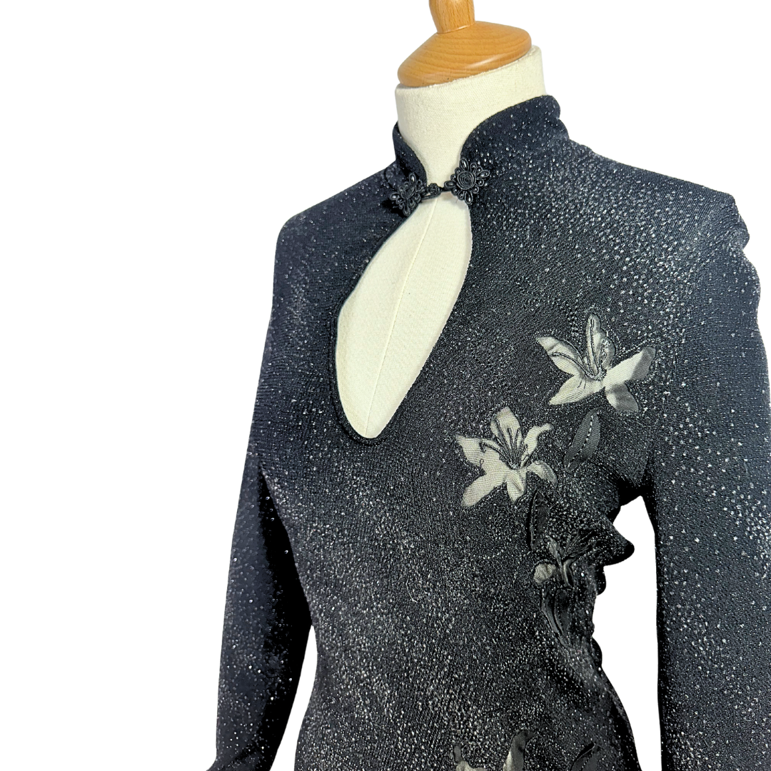 Black 90s sparkly Mandarin collar top - L