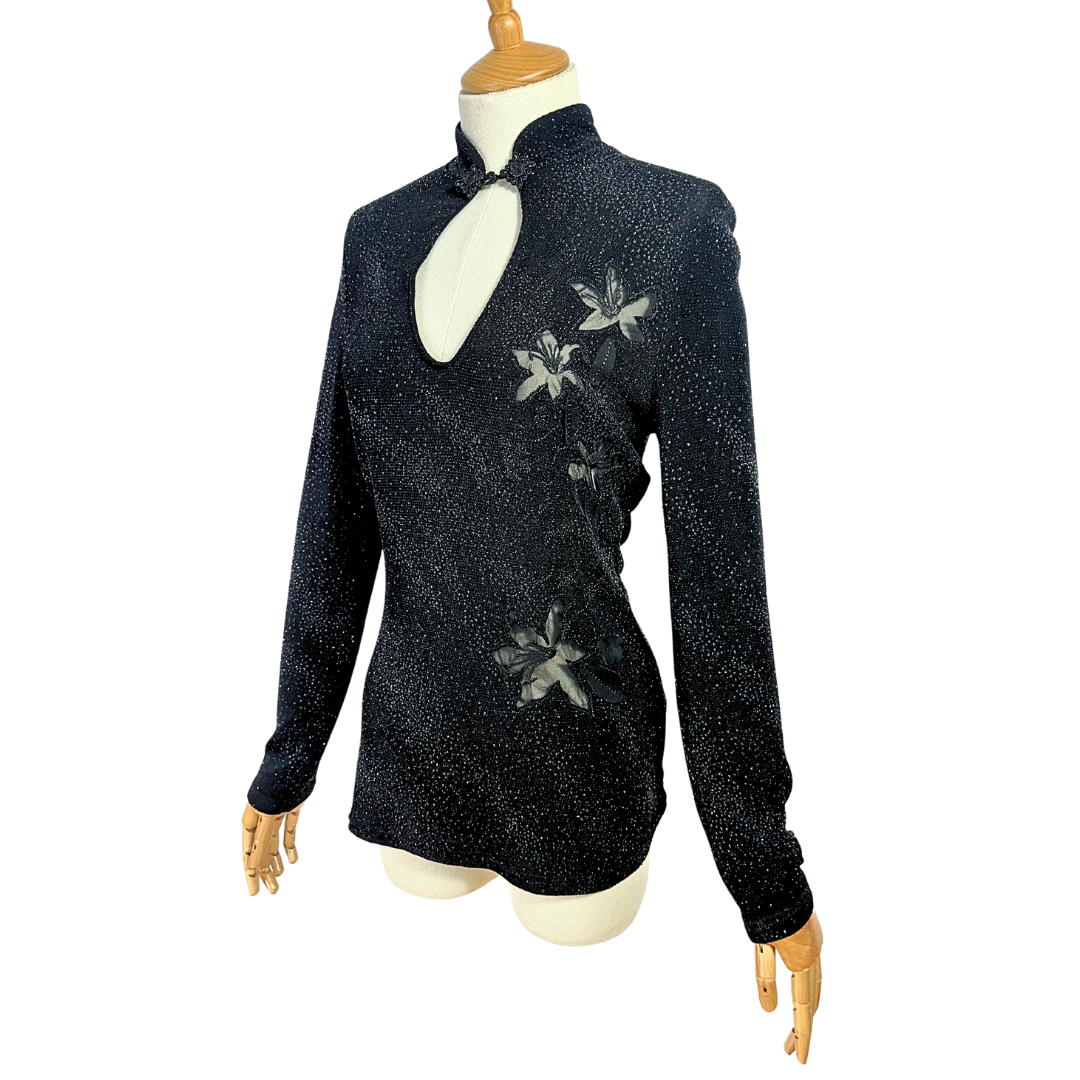 Black 90s sparkly Mandarin collar top - L