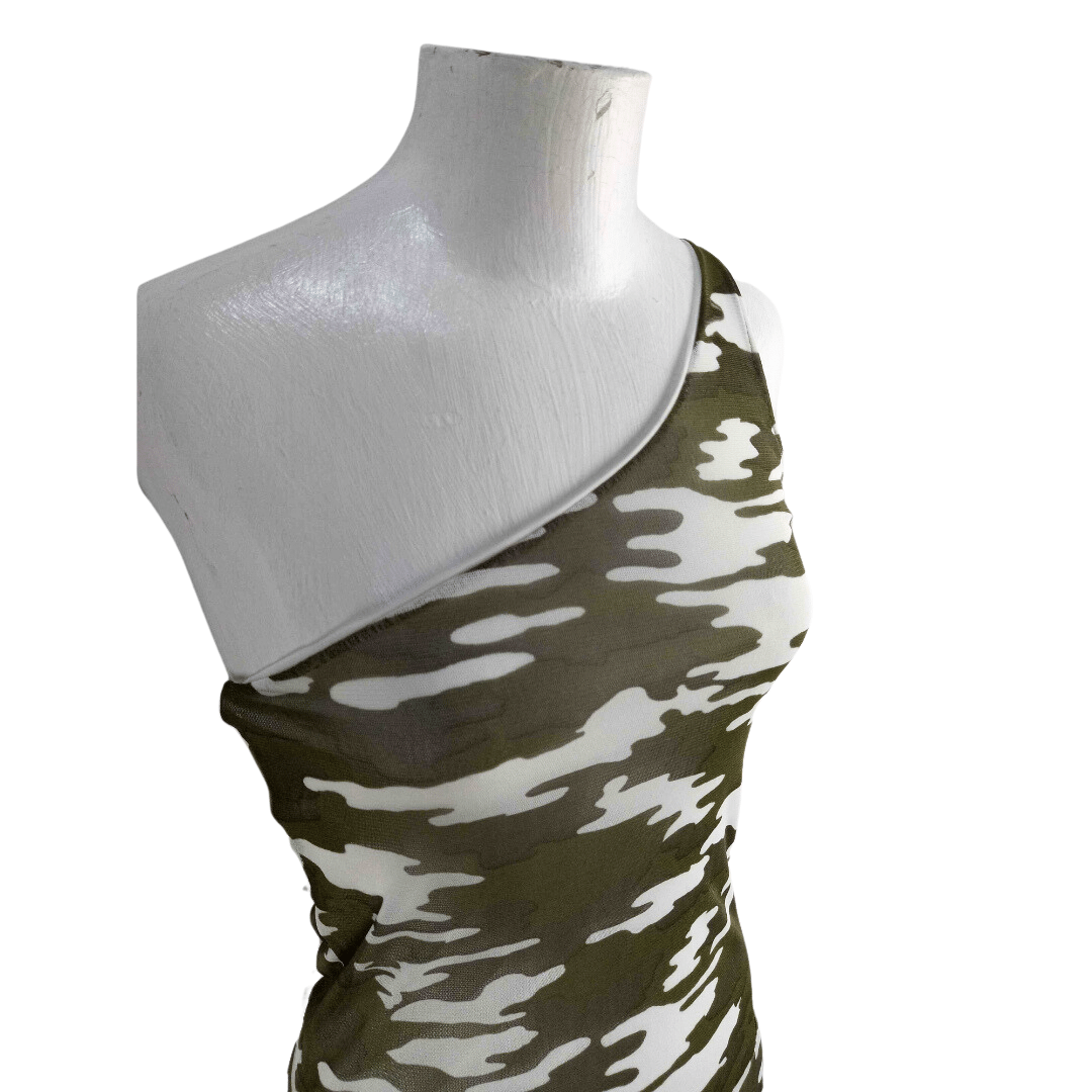 Y2k camouflage one-shoulder mesh dress - S