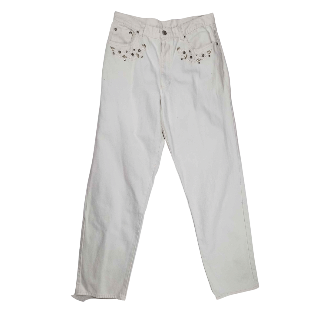 White embroided high waisted jeans- M