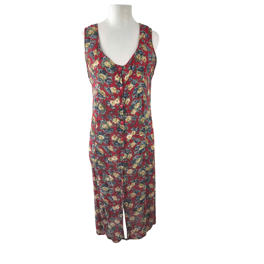 Burgundy floral button up dress- M