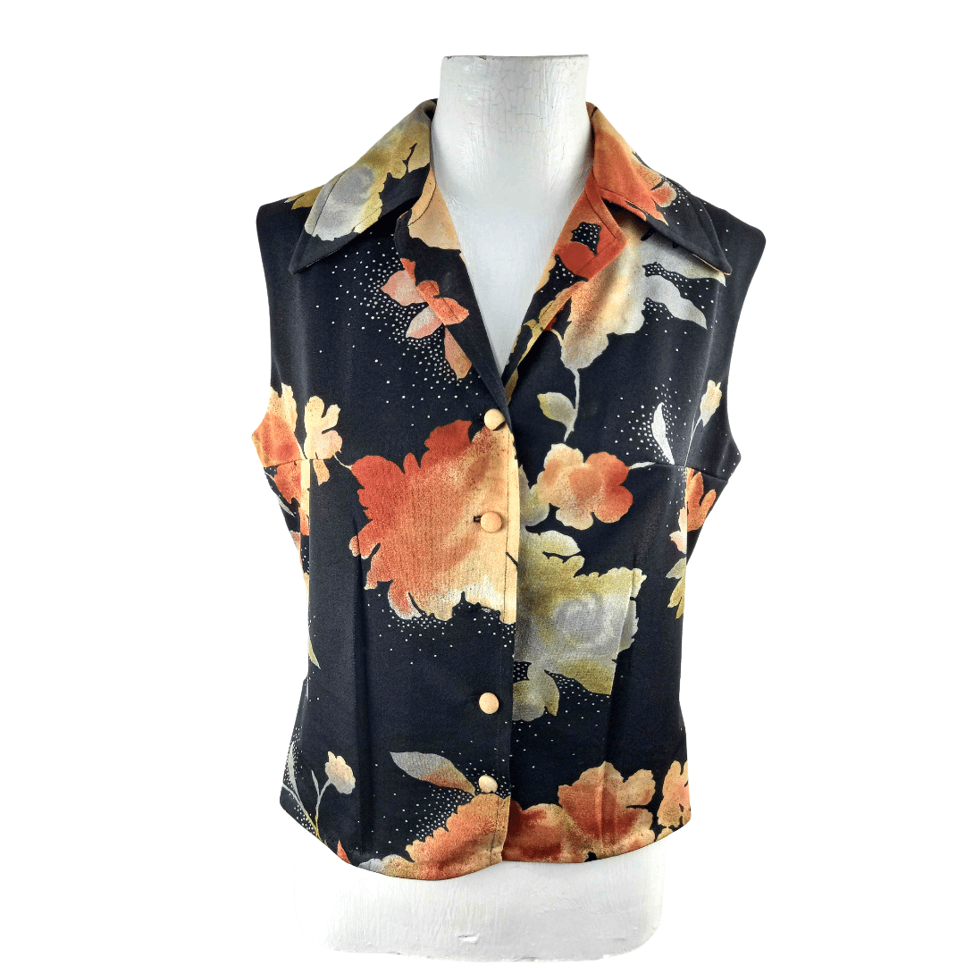 Black floral 90's sleeveless top - M