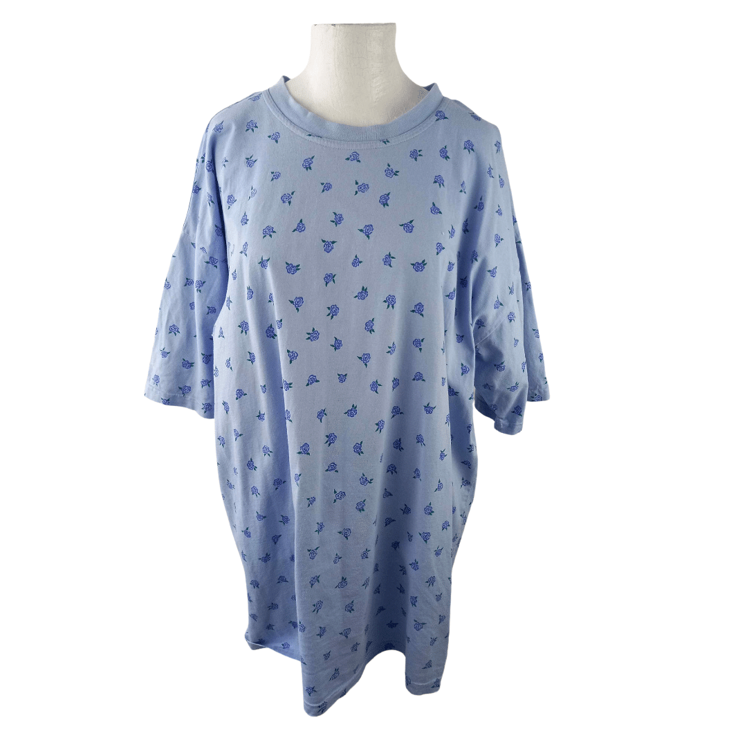90s blue rose pattern t-shirt- L