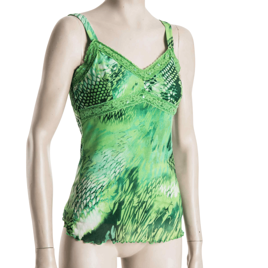 Reptile-print mesh cami with lace insert - S