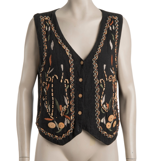 Beaded and floral embroidered linen blend waistcoat - L