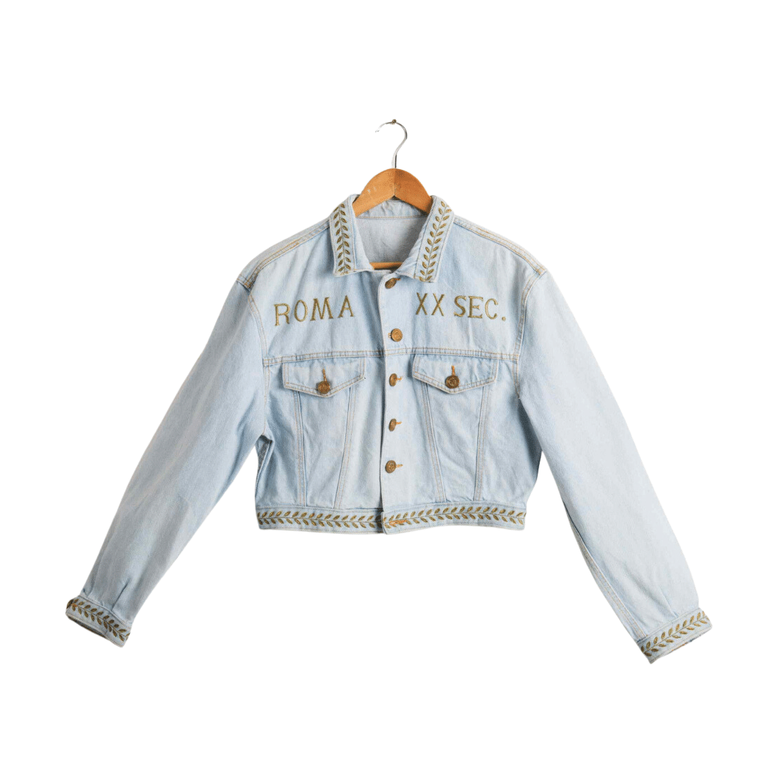 Denim cropped jacket with Roma embroidery - M