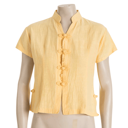 Mandarin collar shortsleeve cropped silk shirt - L
