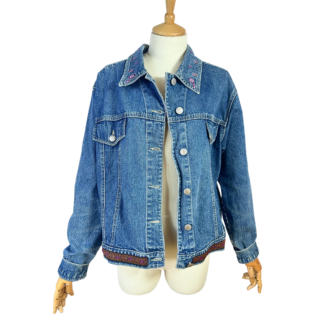 90s floral embroidered denim jacket - L