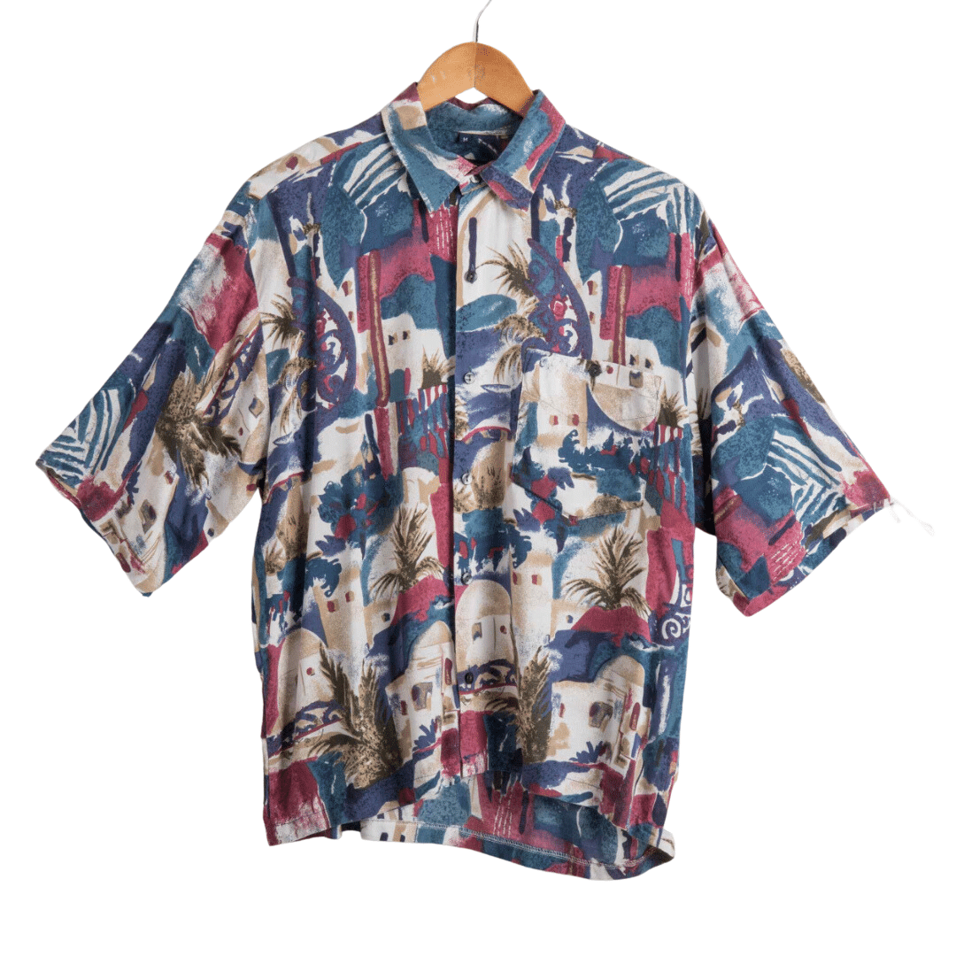 House and palm tree printed shortsleeve shirt - M