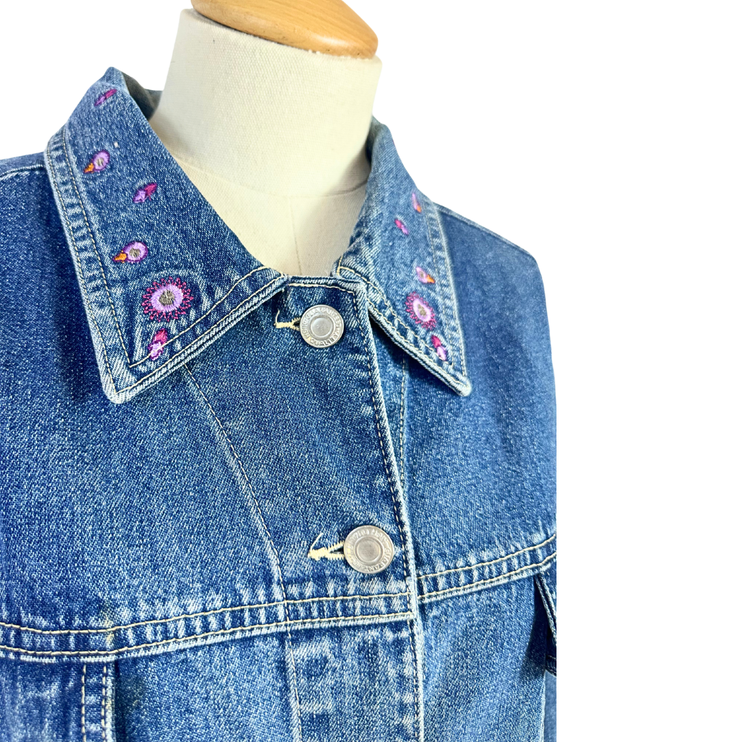 90s floral embroidered denim jacket - L