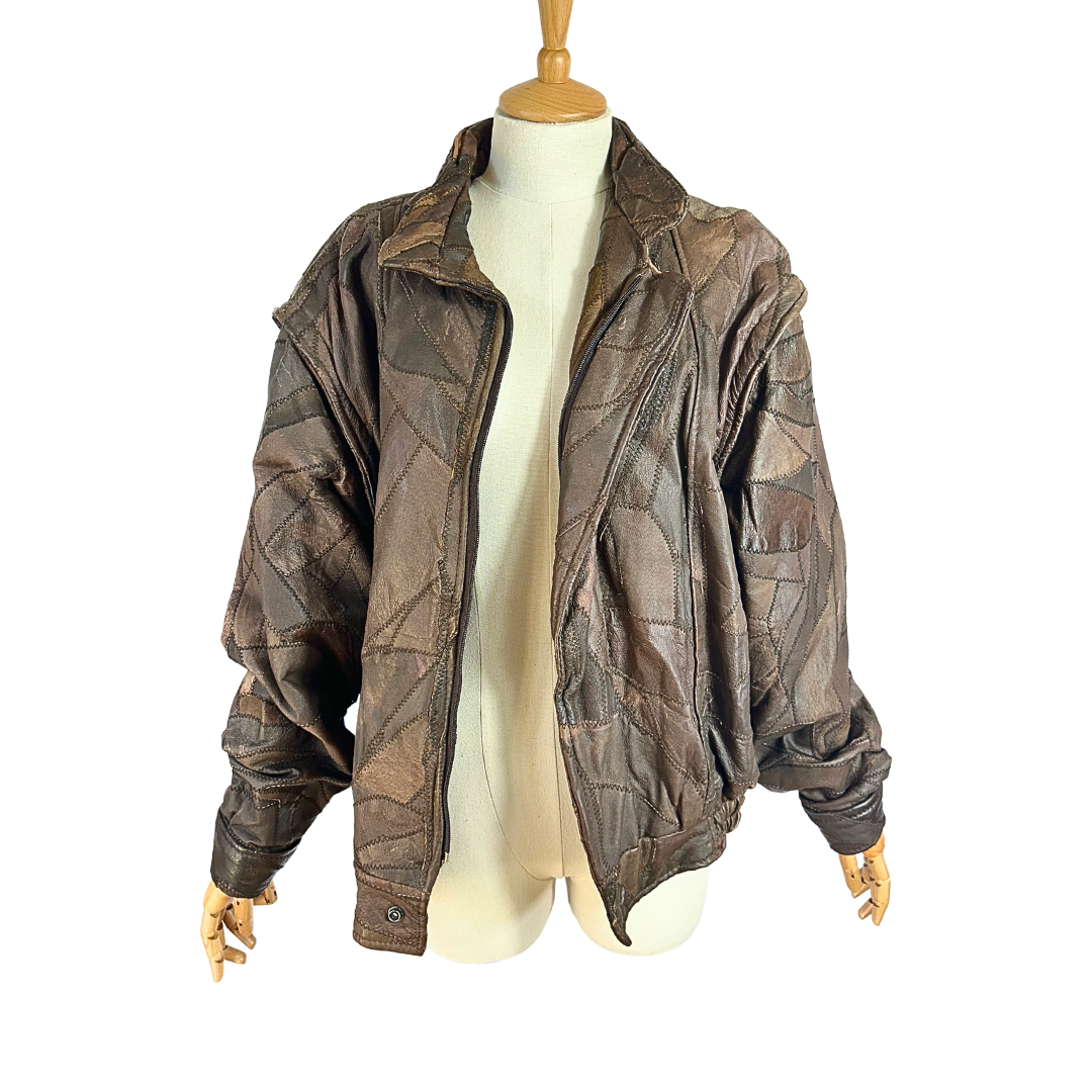 Brown vintage patch leather bomber jacket - M/L