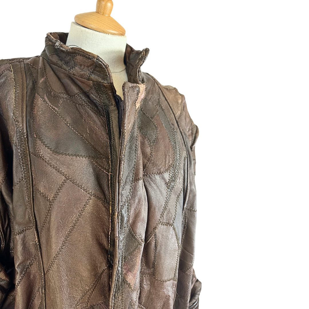 Brown vintage patch leather bomber jacket - M/L