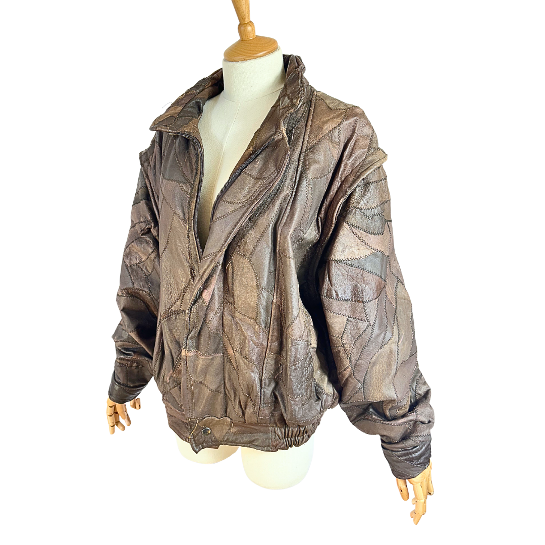 Brown vintage patch leather bomber jacket - M/L