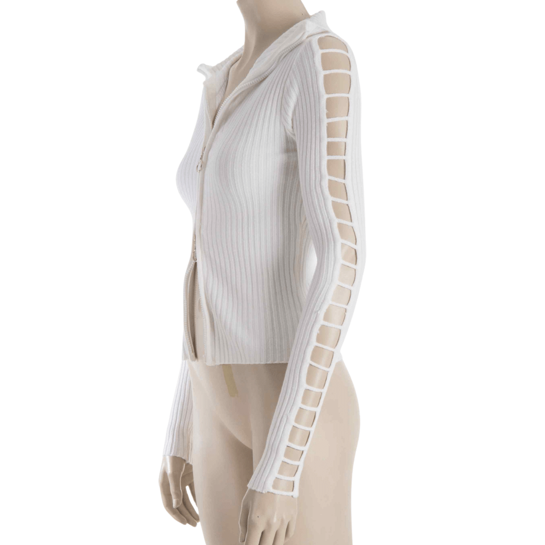 Ribbed two-way zip knitted top with peekaboo sleeves - S