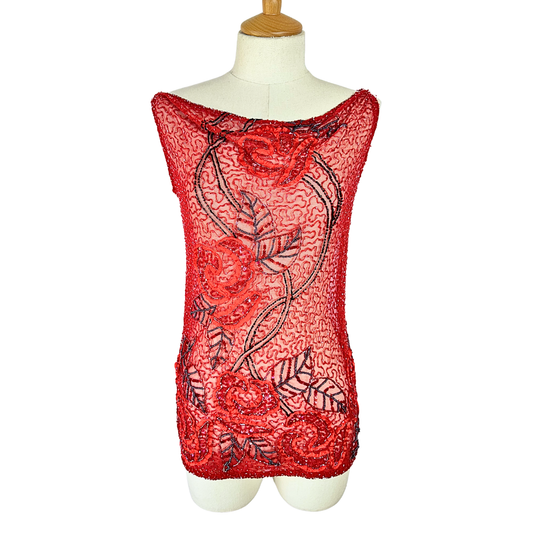 Red Y2K rose beaded mesh top - M