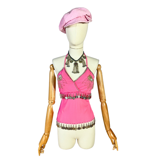 Pink Y2K halter neck backless top - S