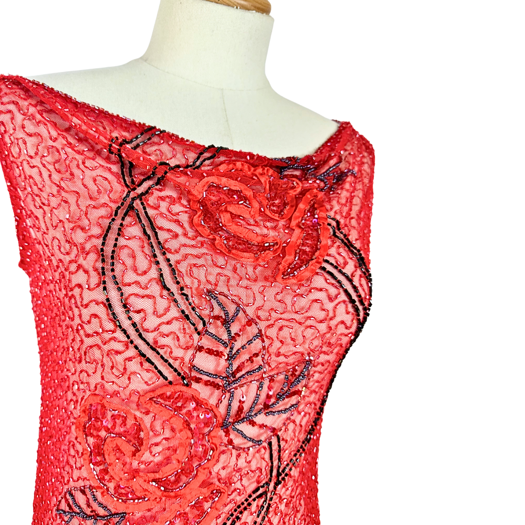 Red Y2K rose beaded mesh top - M