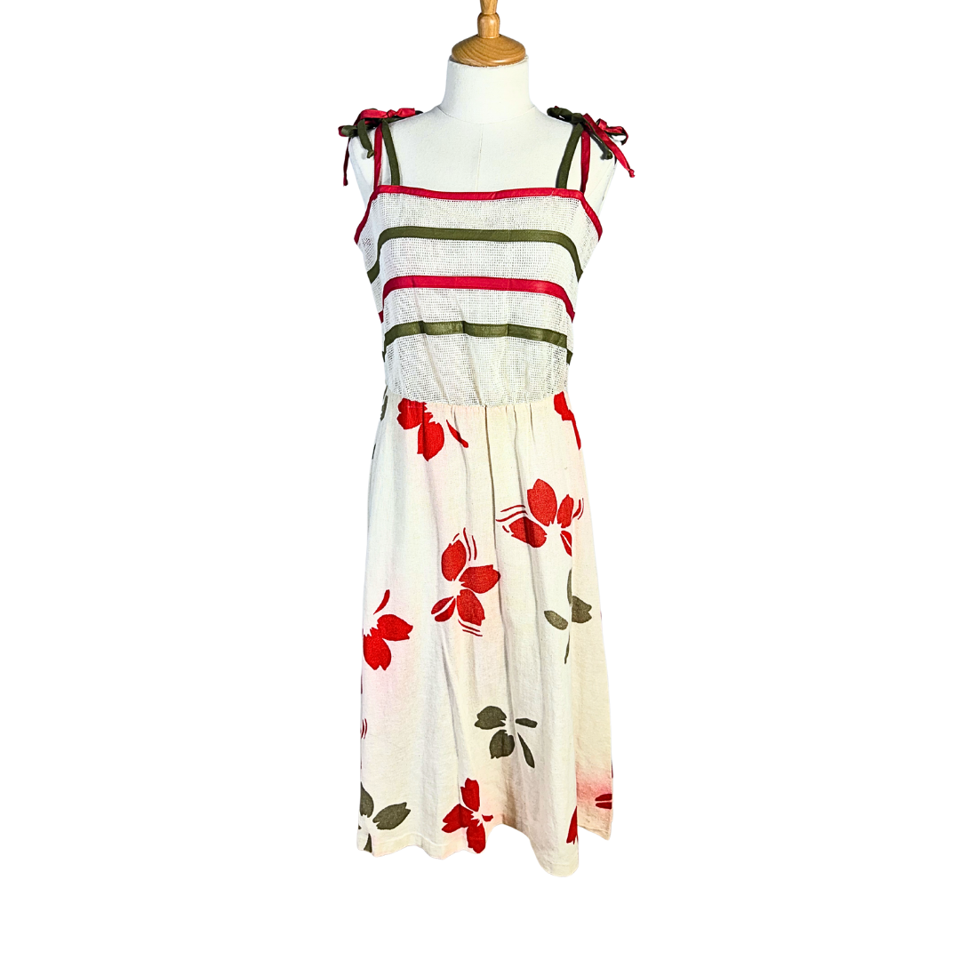 80s floral and striped cotton dress - M