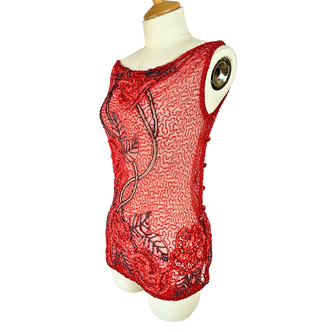 Red Y2K rose beaded mesh top - M