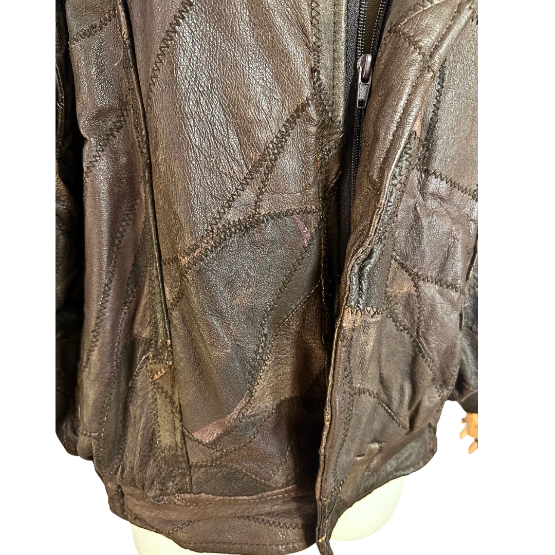 Brown vintage patch leather bomber jacket - M/L