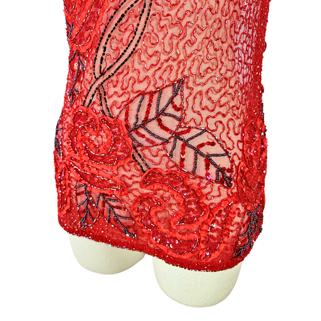 Red Y2K rose beaded mesh top - M