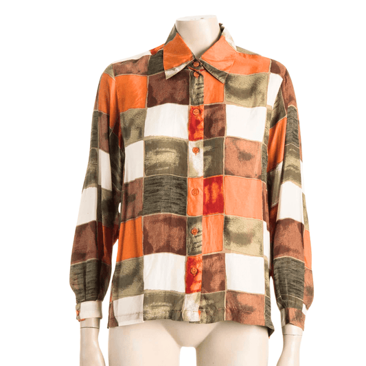 Square print longsleeve silk shirt - M