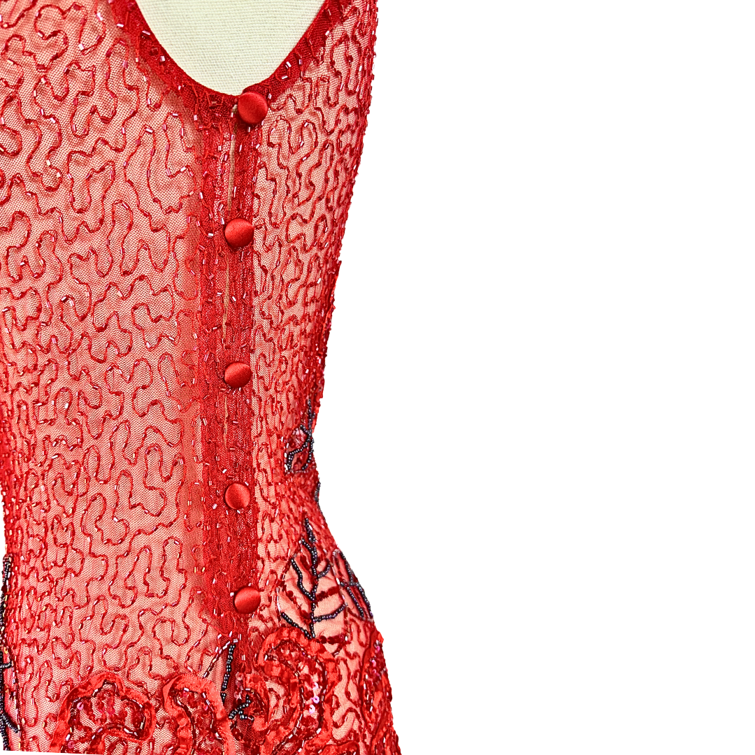 Red Y2K rose beaded mesh top - M