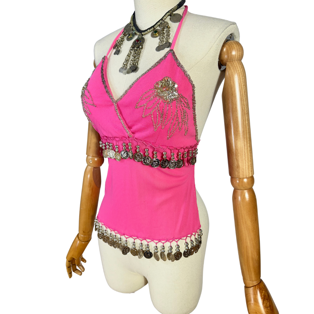 Pink Y2K halter neck backless top - S