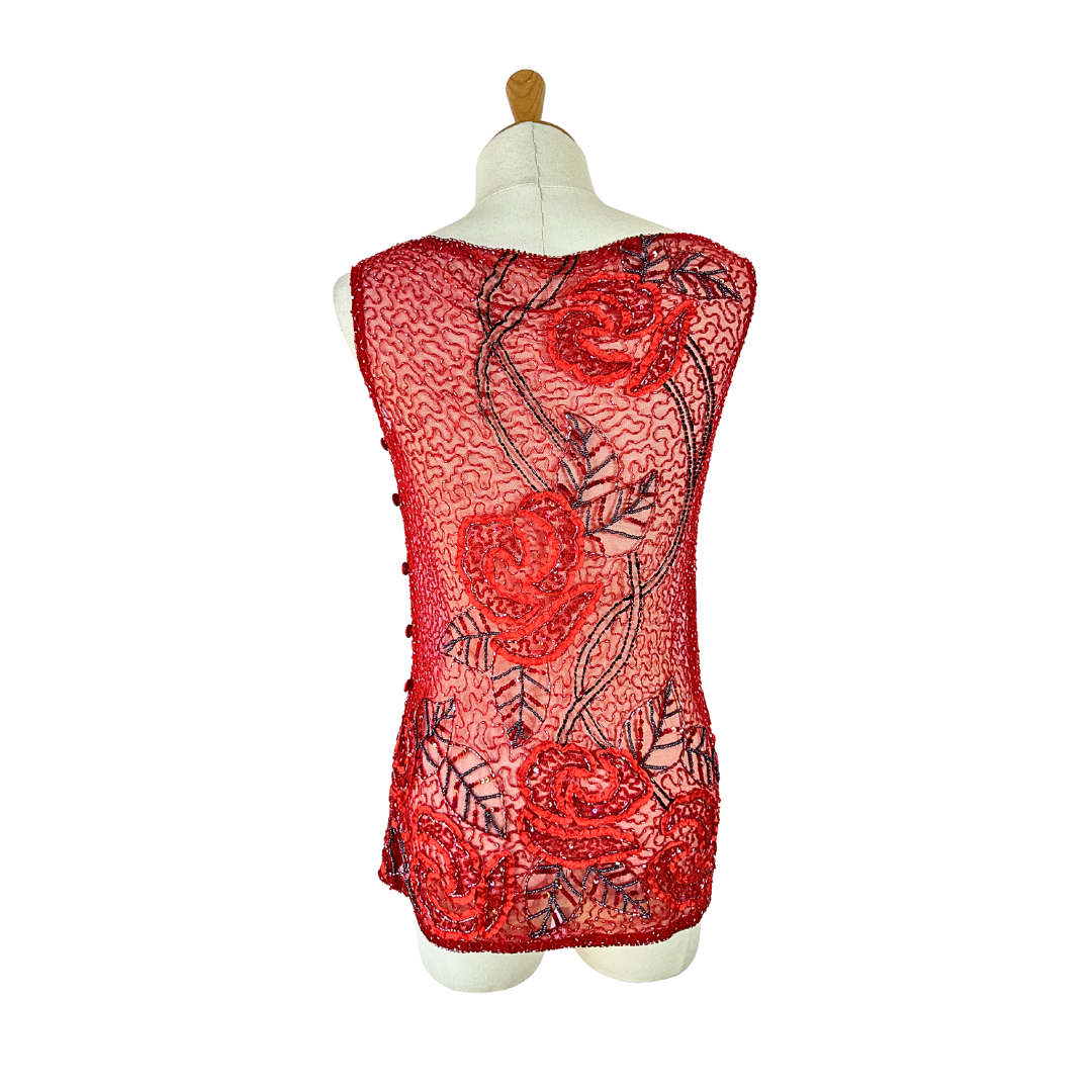 Red Y2K rose beaded mesh top - M