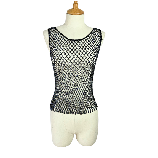 Black 90s beaded net top - S