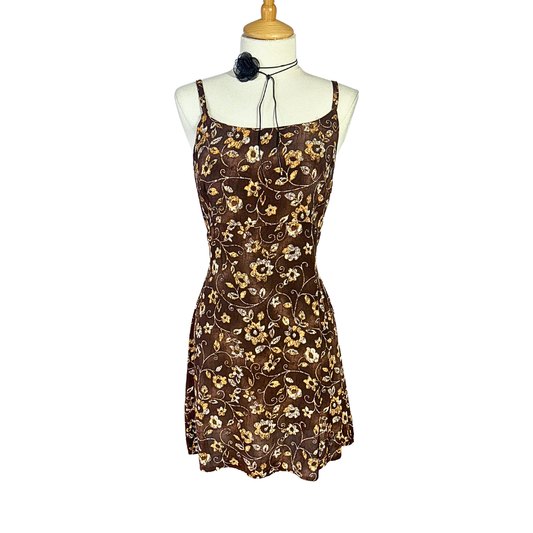 Brown 90s floral spaghetti strap dress - M