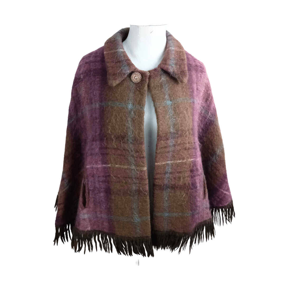 Plaid mohair and wool collared fringed cape - S/M/L