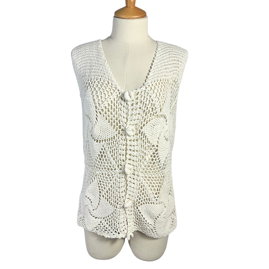 White boho crochet button down vest - M